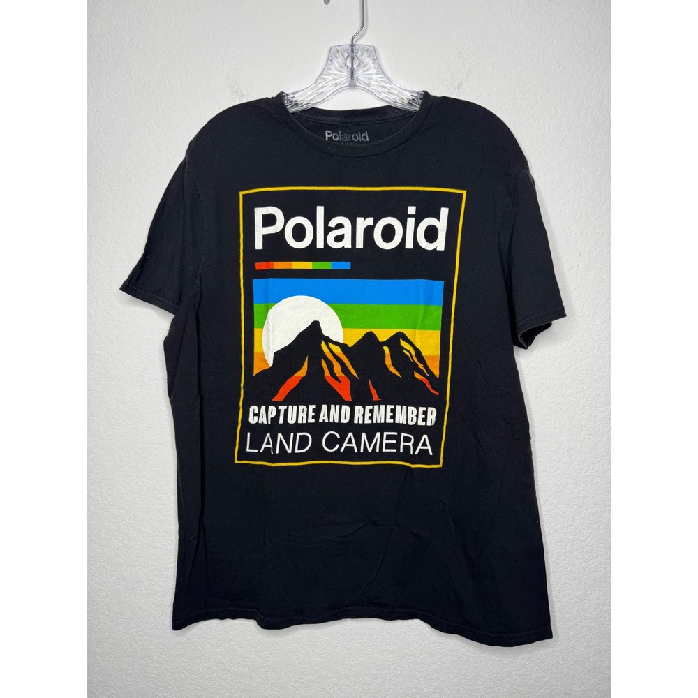 Polaroid Land Camera Retro Graphic T-Shirt Mens Large Black Rainbow Mountain Tee